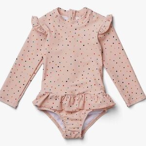 Adorable girls pink polkadot swimsuit with frills on waist / shoulder size 2-3T